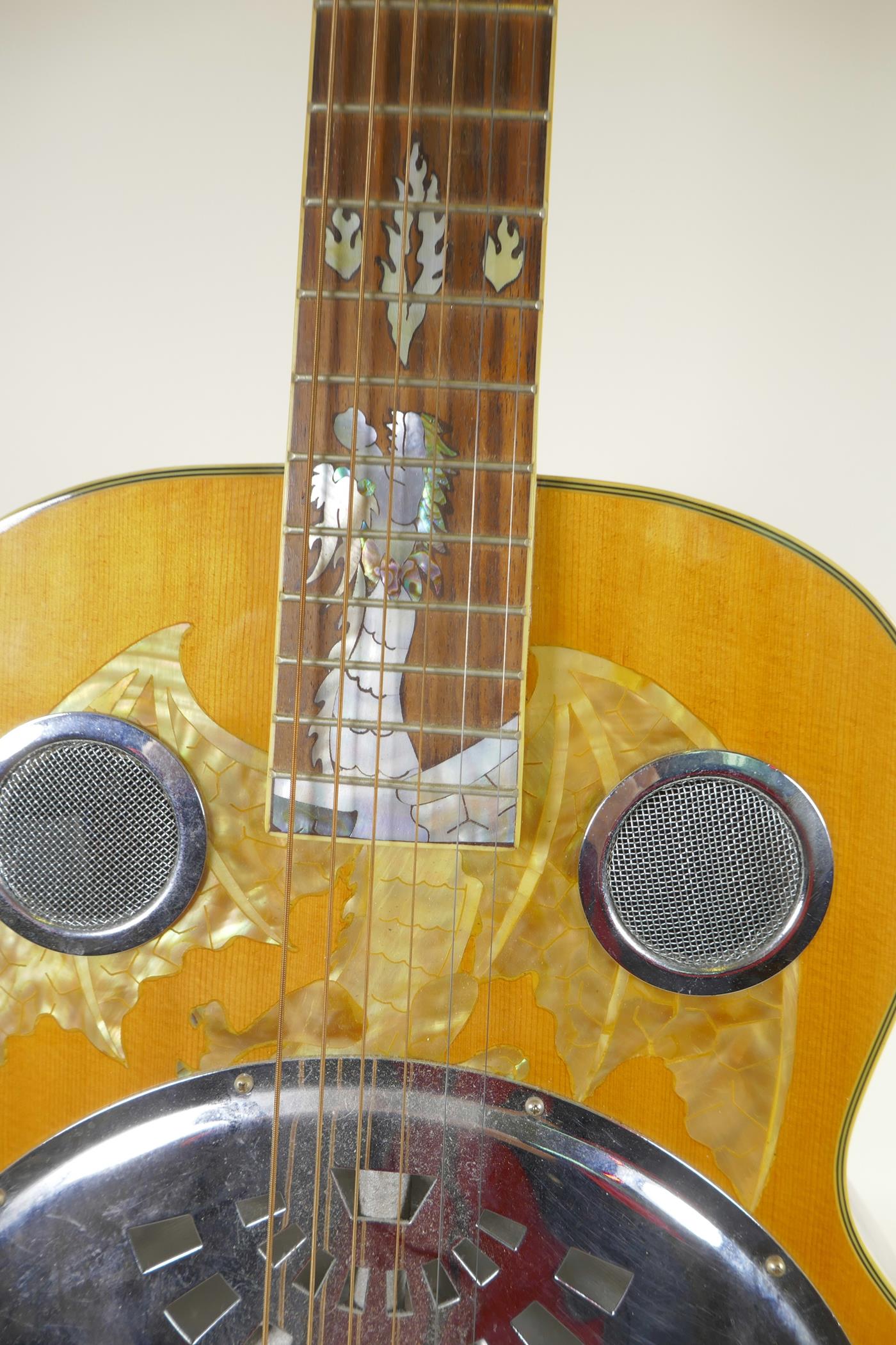 A semi acoustic Resonator 6 string guitar with mother of pearl inlay depicting a dragon and hawk, - Image 5 of 5