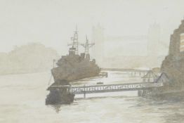 R. Blundell, warships docked on the Thames near Tower Bridge, signed, monochrome watercolour, 11"