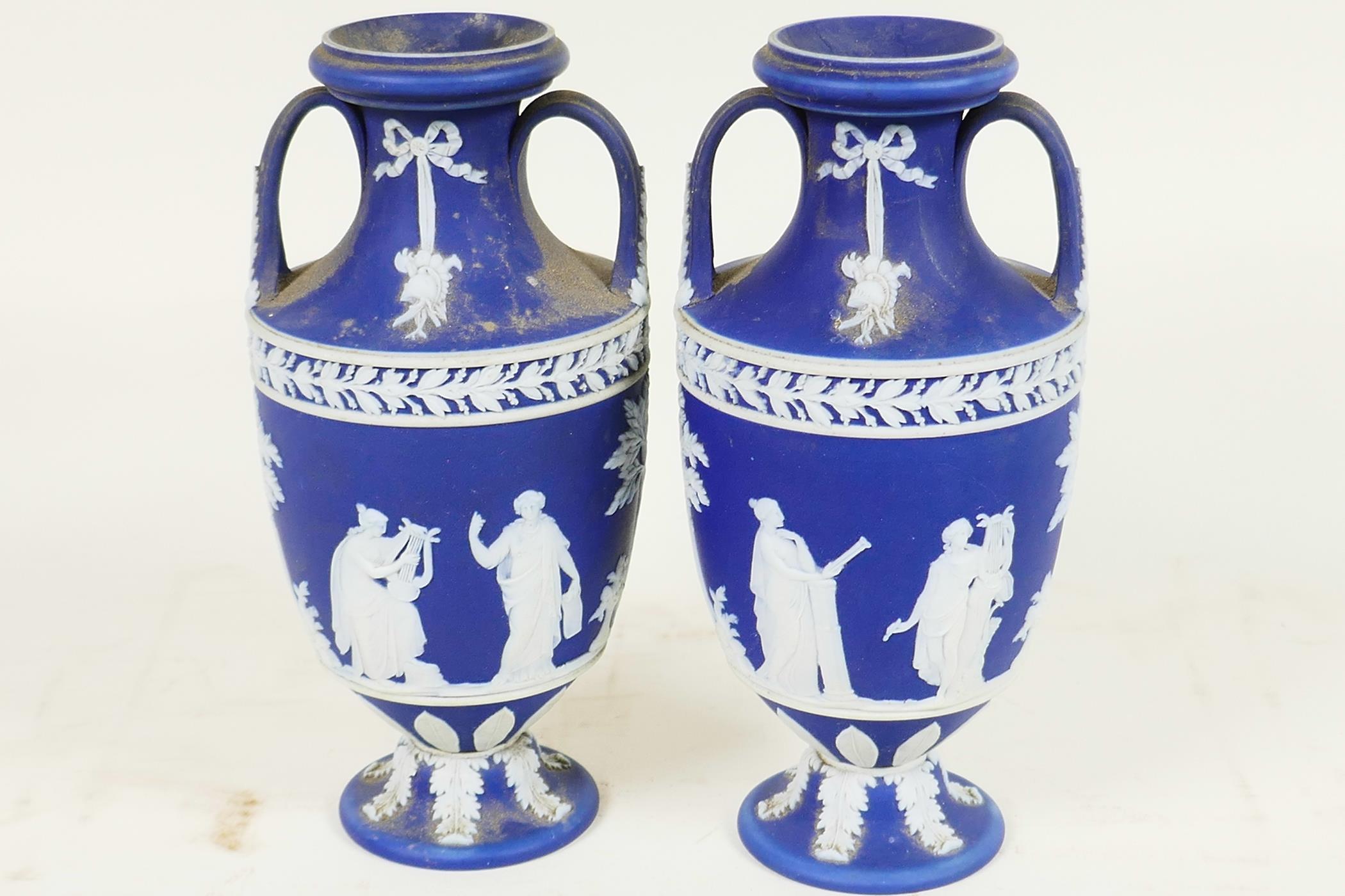 A pair of C19th Wedgwood Jasperware two handled pedestal vases decorated with Grecian figures, 6" - Image 2 of 5