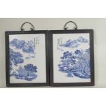 A pair Chinese blue and white porcelain plaques of landscape scenes, signed with calligraphy, 9½"