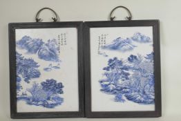 A pair Chinese blue and white porcelain plaques of landscape scenes, signed with calligraphy, 9½"