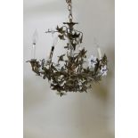 A gilt brass and opaline glass five branch chandelier, 24" x 17" drop