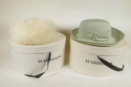 A ladies' Jacques Vert hat and a Russian white fox fur hat, both in Harrods hat boxes