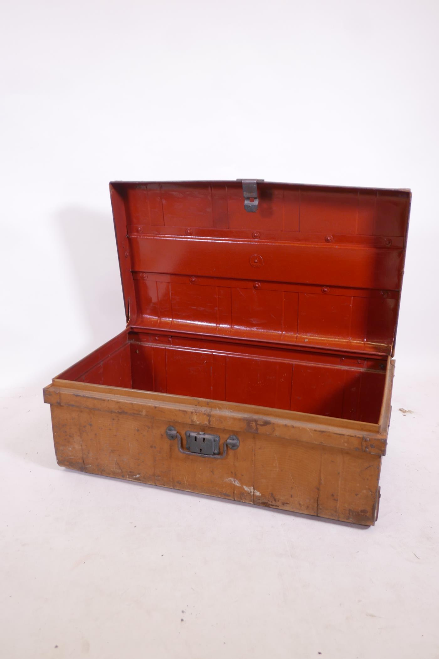 A vintage tin trunk with original paint, 33" x 19", 13" high - Image 2 of 3