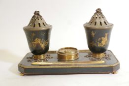 An antique French ebonised wood and ormolu mounted desk stand with chinoiserie decoration, 9" x 4" x