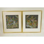 A pair of Indian overpainted prints on linen depicting Hindu deities riding chariots, signed Charna,