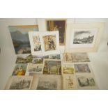 A quantity of C19th and C20th prints, engravings, bookplates etc, mostly topographical and socio-