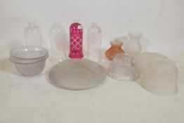 A quantity of glass lamp shades, etched and cranberry glass candle shades etc, 10" high