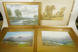 Three pictures, Frank Holme, pair of moorland landscapes, gouache, 17" x 10", Charles Collins, hay