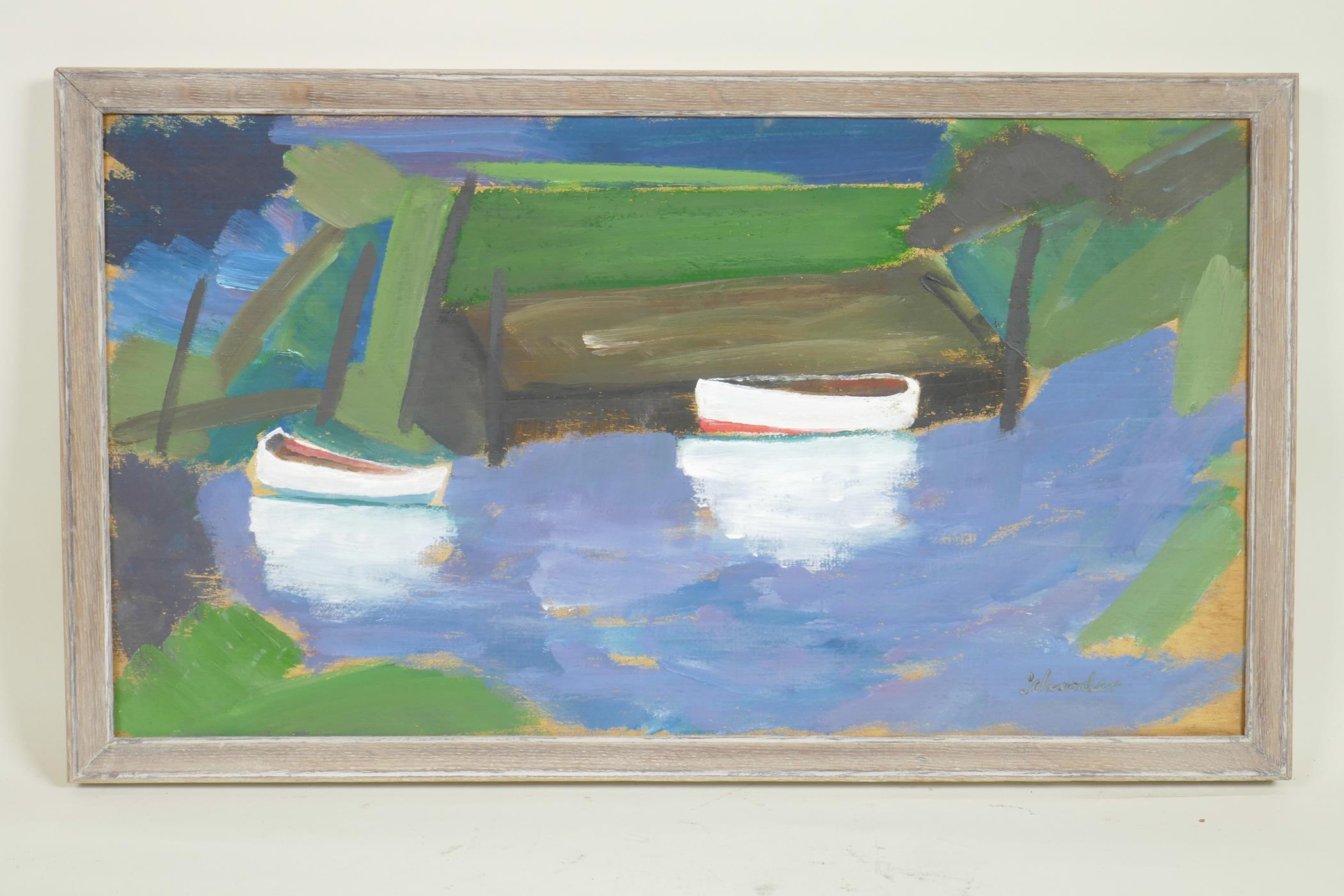 Boats near a jetty, signed 'Schroder', oil on board, 10" x 18 - Image 2 of 4