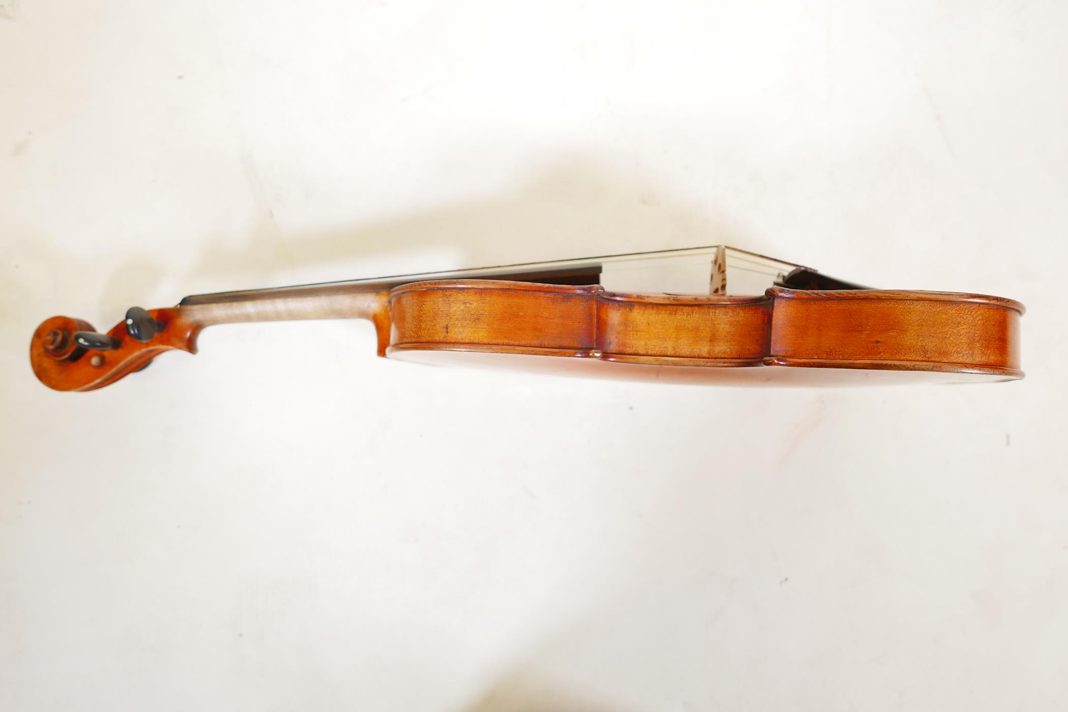 A late C19th/early C20th violin in ebonised wood case, no label, one piece back, split to front, and - Image 2 of 9