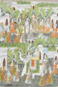 An Indian painting on silk depicting a procession with figures, elephants and flying carpets,