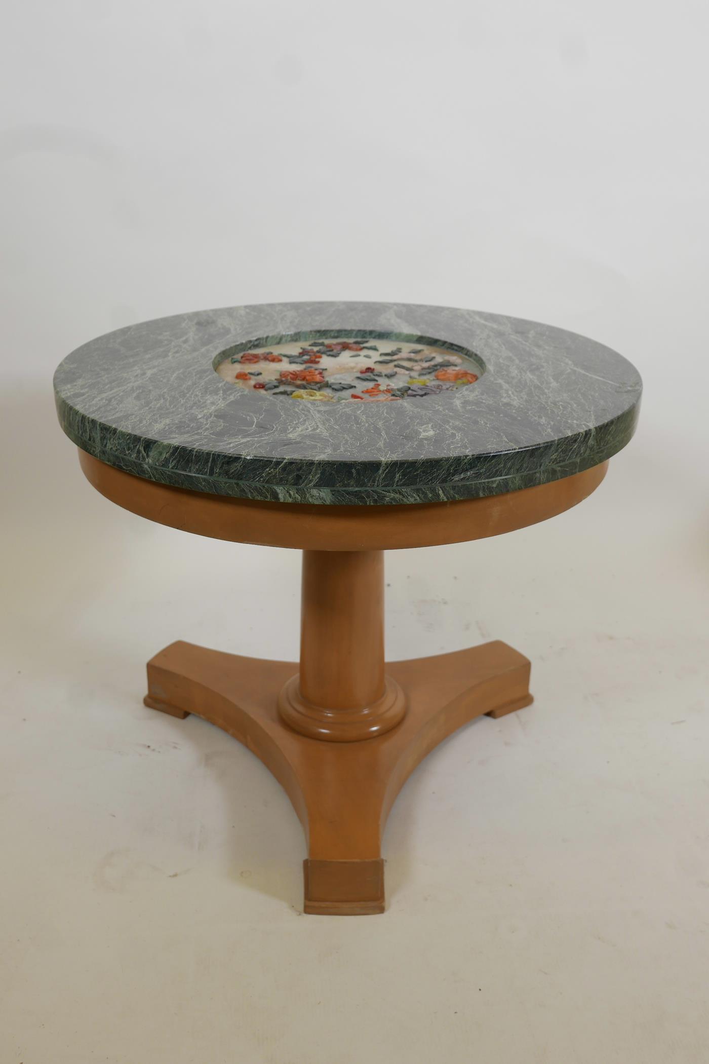 A pair of beechwood occasional tables with vert de mer marble top inset with pietra dura decoration, - Image 4 of 7