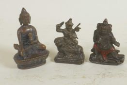 A Chinese bronze figure of Buddha, 3" high, and two other bronze figures