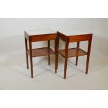 A pair of mid century Remploy teak bedside tables with a formica top, single drawer and undertier,