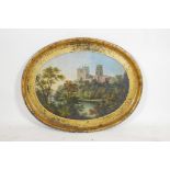 A C19th papier mache tray, with gilt borders and well painted view of Durham Cathedral, A/F