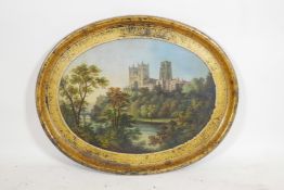 A C19th papier mache tray, with gilt borders and well painted view of Durham Cathedral, A/F