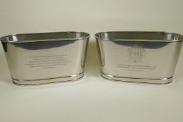 A pair of nickel plated bottle coolers with engraved decoration, 12" x 5½"