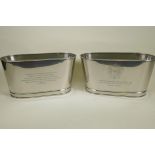 A pair of nickel plated bottle coolers with engraved decoration, 12" x 5½"