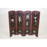 A Japanese lacquer four panel screen with inset bone, mother of pearl and wood decoration