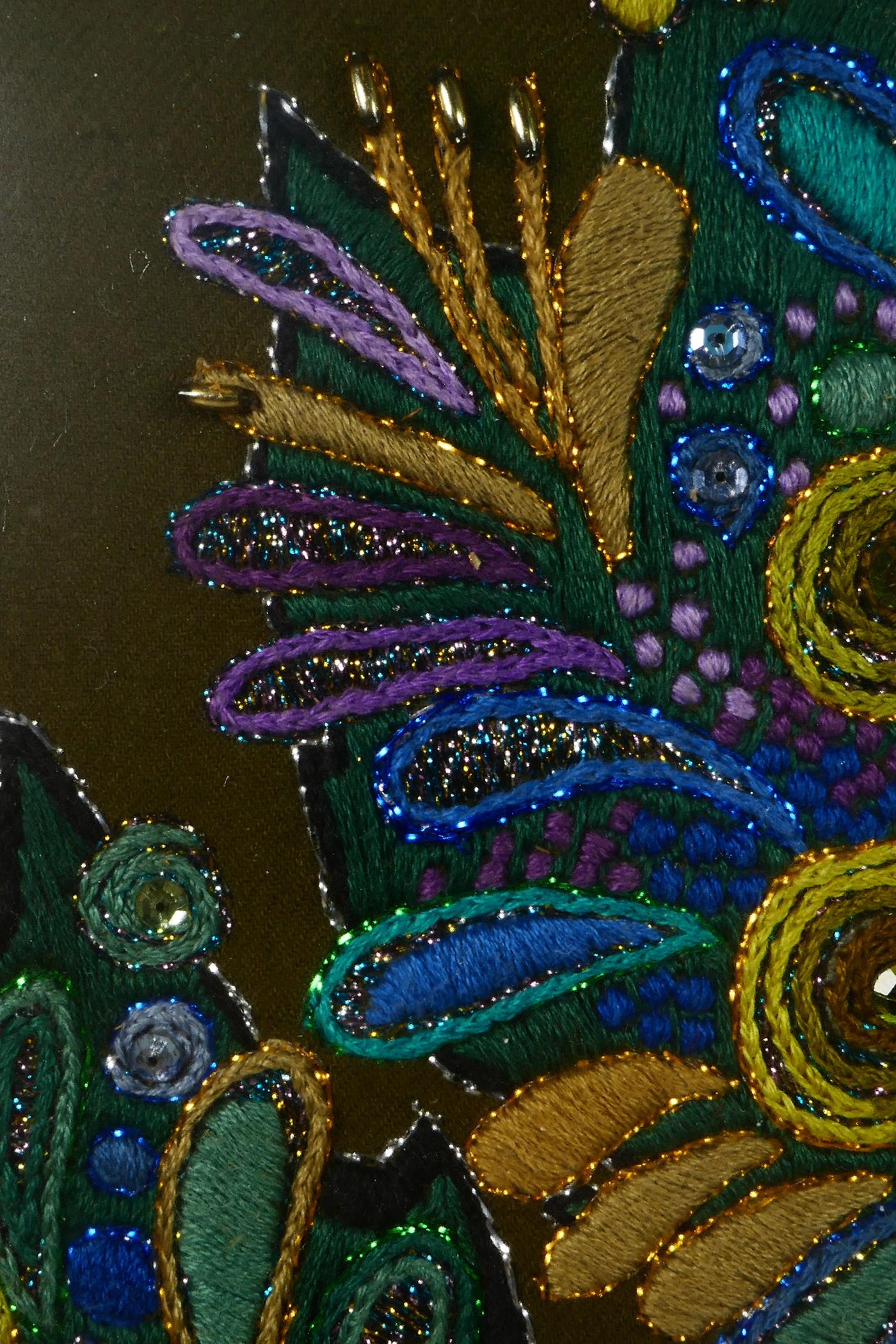 A late 1970s embroidery of a maple leaf, with applique sequins and silk thread in vibrant purple, - Image 5 of 6