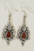 A pair of stone set silver drop earrings, 2" long