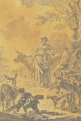 C17th/18th engraving, peasants with animals in a landscape, unframed, 10" x 8"
