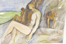 Baron Avro Manhattan, nude figures sitting on a beach, mixed media painting, 28" x 21", signed and
