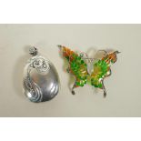 A 925 silver plique a jour brooch in the form of a butterfly, and a Chinese white metal pendant with