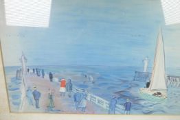 Raoul Dufy, colour print, figures strolling along a pier, 25" x 17", and French coastal harbour