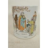 A Chinese porcelain brush pot with enamel decoration of a traveller, horse and figure and