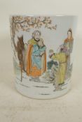 A Chinese porcelain brush pot with enamel decoration of a traveller, horse and figure and