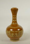 A Chinese garlic head shaped porcelain vase with imitation brown bamboo style glaze and archaic