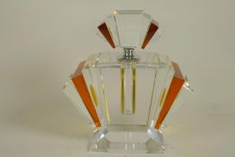 An Art Deco style clear and amber glass perfume bottle, 9" high