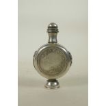 A Chinese white metal snuff bottle set with a coin, marks to base, 4" high