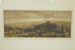Nathaniel Sparks, signed etching, view across a village to distant hills, 7½" x 17½"