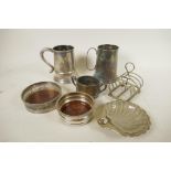 Seven pieces of silver plated wares to include two wine bottle coasters with turned wood bases,