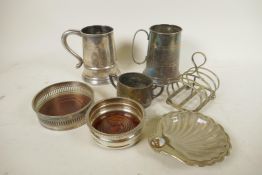 Seven pieces of silver plated wares to include two wine bottle coasters with turned wood bases,
