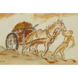 Figure with a horse drawn cart, signed 'Blampied', mixed media painting on paper, 7" x 9½"