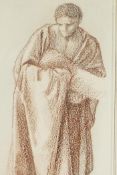 In the Pre-Raphaelite style, 'A figure with draped robes holding a baby', red chalk and pencil on