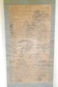 A Chinese watercolour scroll depicting an extensive mountain landscape, 50" x 25"