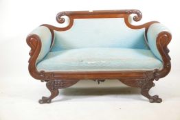 An American federal style mahogany two seat settee, with scrolled back and arms carved in the form