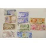 A quantity of world banknotes including 20 and 5 French francs, Dutch 5 guilder, Austrian 20