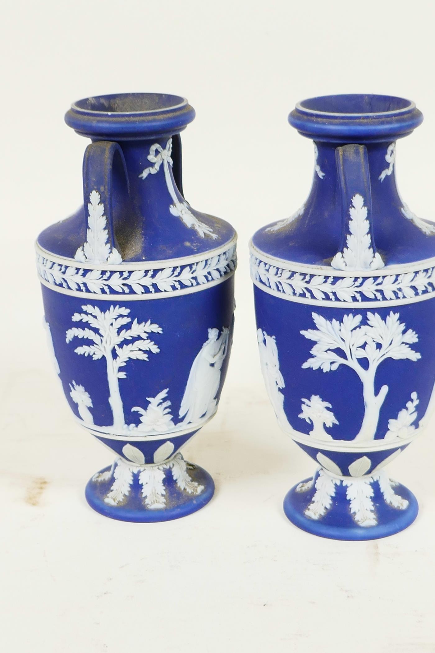 A pair of C19th Wedgwood Jasperware two handled pedestal vases decorated with Grecian figures, 6" - Image 3 of 5