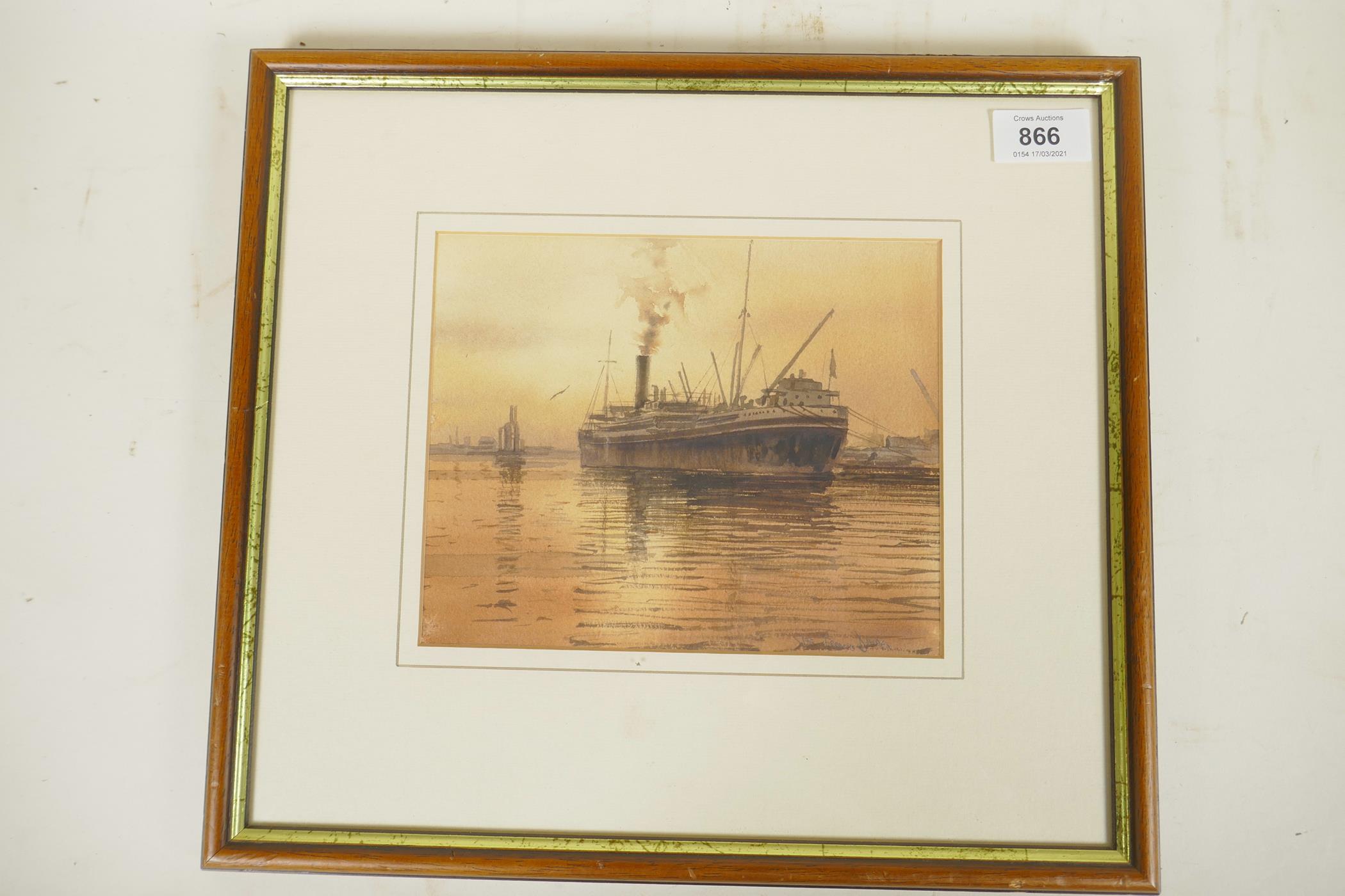 Joe Francis Dowden, freight ship preparing to leave port at sunset, signed, watercolour, 8" x 6½" - Image 3 of 4
