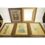 A good carved wood picture frame, aperture 11½" x 14", together with three cork framed black and