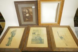 A good carved wood picture frame, aperture 11½" x 14", together with three cork framed black and