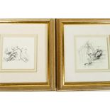 A pair of small black and white prints of Winnie the Pooh with Christopher Robin, 3" square