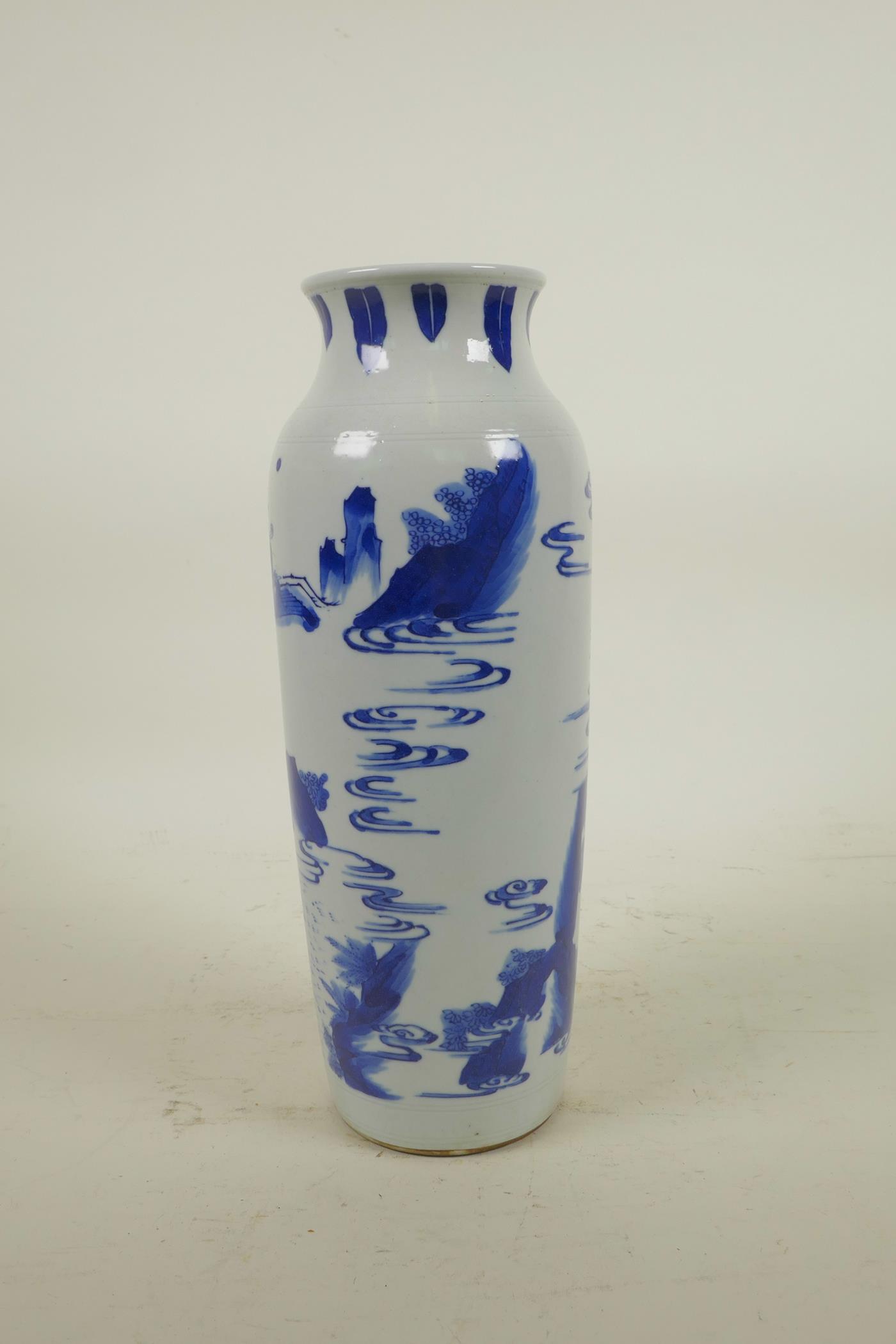 An early C20th Chinese blue and white porcelain vase decorated with figures in a mountain landscape, - Image 3 of 4
