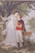 A pair of French, late C19th/early C20th oliograph prints, courting couple by the river, 9½" x 13"